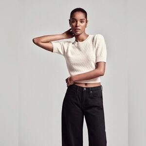 Frame Pointelle Puff Sleeve Cashmere Knit Sweater Ribbed Crewneck Cream XL